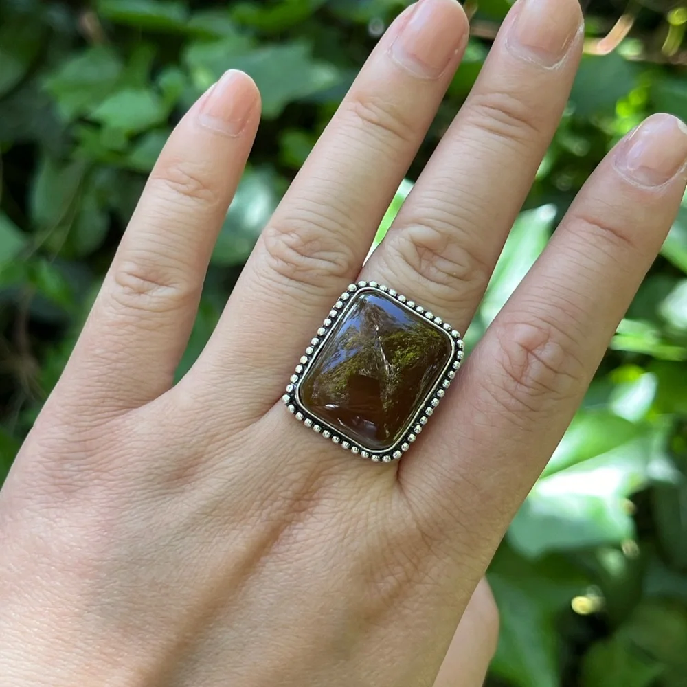 Size 8.25 925 silver plated brown agate square ring‎